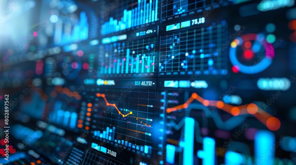 Close-up view of digital screens displaying dynamic financial data analysis graphs and metrics