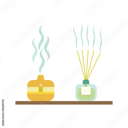 Electric aroma lamp and aroma diffuser with burning sticks. Aromatherapy, spa care. Colored vector illustration