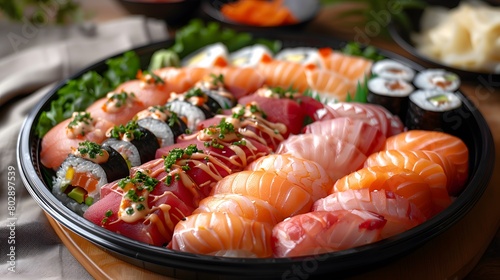 A delicious plate of fresh sushi featuring salmon slices