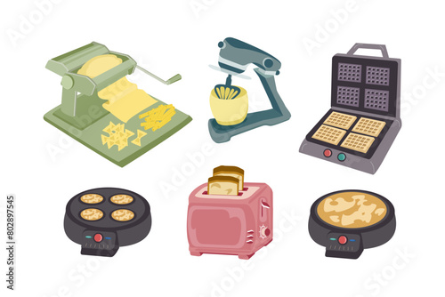 A set of household kitchen appliances for preparing flour products: pasta, pancakes, waffles, pies, toast, sandwiches. Vector color illustration.