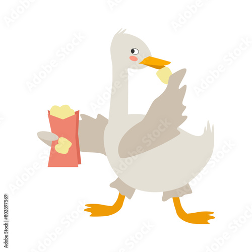 Funny cute goose character eating chips. Vector cartoon illustration for stickers, packaging, books.