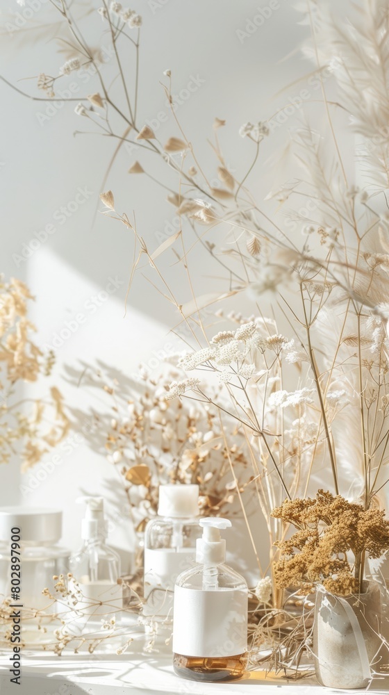 Elegant skincare products arrangement with gold details and natural flowers. 3D illustration with modern design elements.