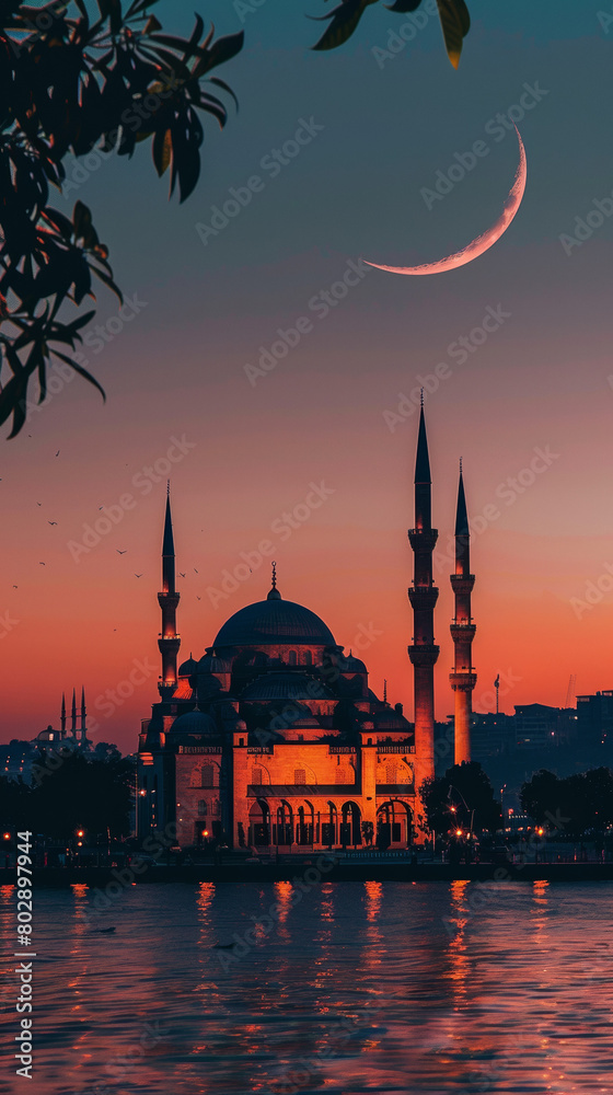 Mosque building architecture with crescent moon