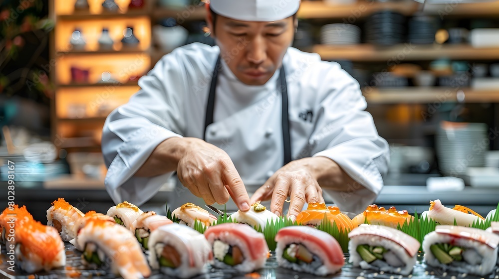 a dynamic sushi making process, with the chef in the center and the details of the sushi sharply captured.