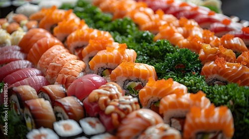  an inviting spread of sushi and sashimi, focused in the center with every detail meticulously captured.