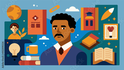 A display of artwork and literature from the Harlem Renaissance showcasing the creativity and resilience of black artists during a time of great. Vector illustration