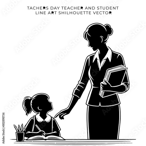 Teachers day special a teacher and a child reading line art silhouette vector