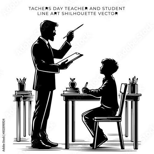Teachers Day student and teacher line art silhouette vector illustration