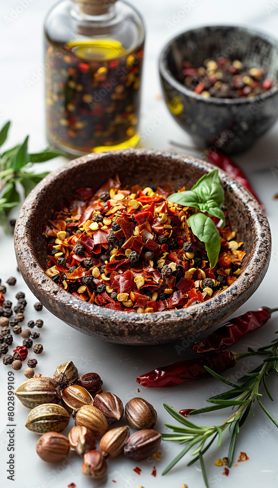 An illustration of spices, a bowl of brightly colored chili peppers on the right side of a clean white surface, bathed in soft natural light that brings out their fiery colors. An unusual picture for An illustration of spices, a bowl of brightly colored chili peppers on the right side of a clean white surface, bathed in soft natural light that brings out their fiery colors. An unusual picture for