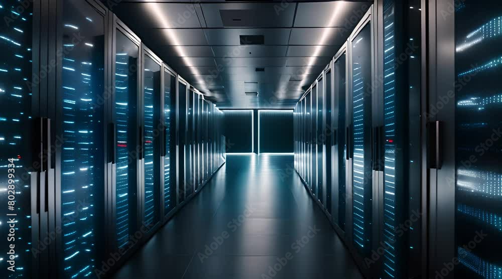 Securing the Digital Hub: Dolly Shot of Cloud Data Server Panels in a High-Security Data Center with Advanced Scanner Technology
