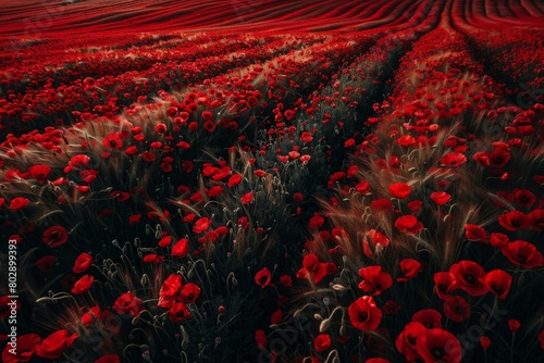 Blooming red poppy in a wheat field - Papaver rhoeas .. Beautiful simple AI generated image in 4K, unique. photo