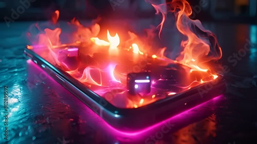 Fireflame on screen from mobile phone lies on table,neon lights,black background,generative ai photo