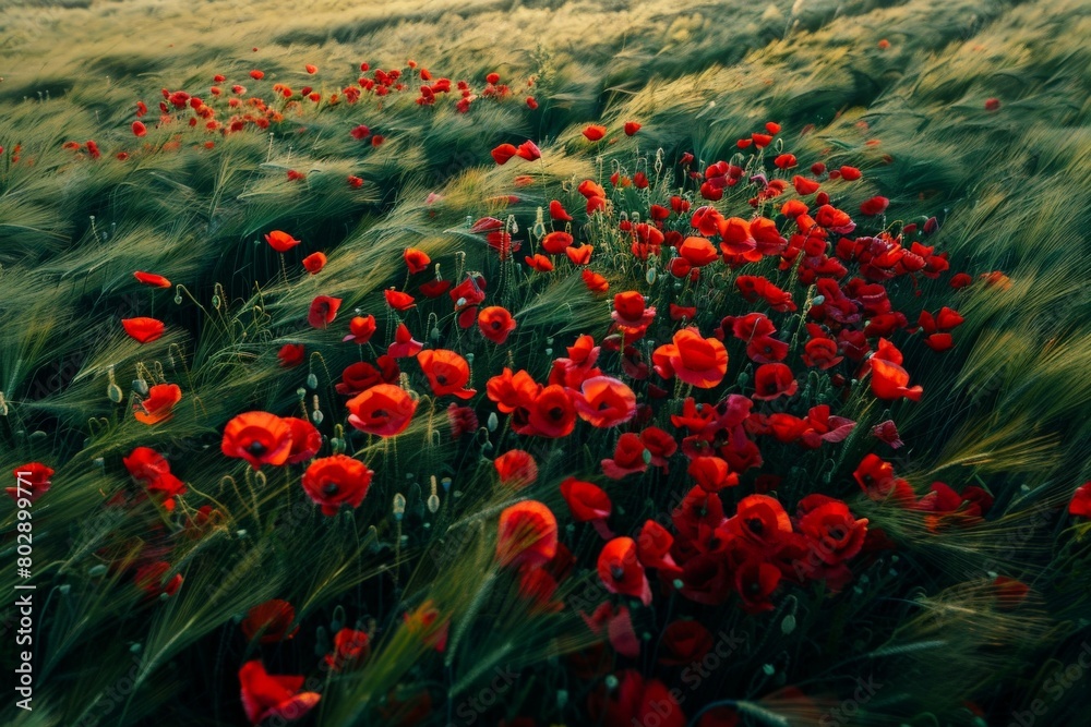 Obraz premium Bird's-eye view of a blooming poppy field in Rheinhessen/Germany near Flonheim. Beautiful simple AI generated image in 4K, unique.