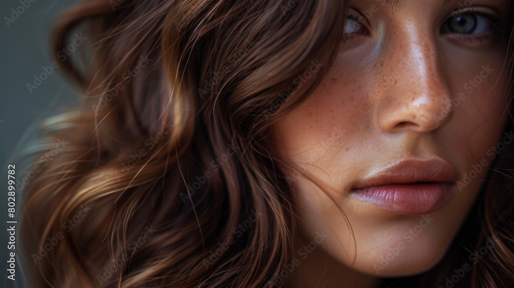 Naklejka premium Close-up of woman with curly hair and freckles 