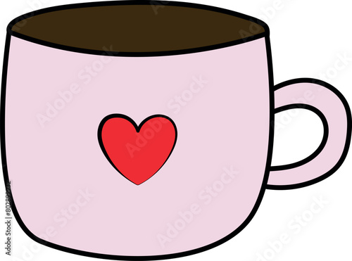 Hand-drawn vector illustration depicts a cozy coffee , tea mug adorned with a heart, exuding warmth and affection.