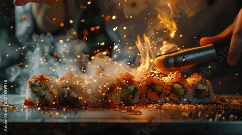 An enchanting image of a sushi chef torching a specialty roll, creating a tantalizing sear and adding a smoky aroma to the dish on International Sushi Day. photo