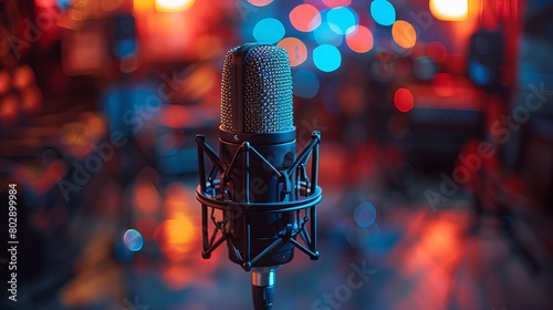 Detailed studio condenser microphone with pop filter and anti-vibration mount capturing live recording against a backdrop of colorful lights. Side view.