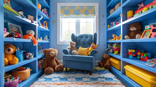 A beautiful playroom filled with toys and a blue armchair photo