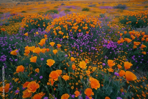 Landscape of a summer wildflower meadow, with black-eyed susans, milled, and other blooms, Michigan, USA. Beautiful simple AI generated image in 4K, unique.