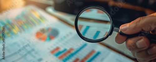 Person using magnifying glass to examine financial charts photo