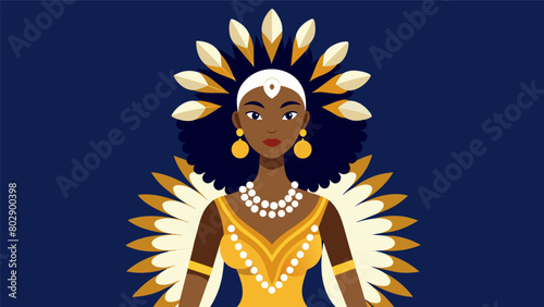 A bold and avantgarde look featuring a dress made of cowrie shells and feathers inspired by the rich symbolism and traditional jewelry of African. Vector illustration