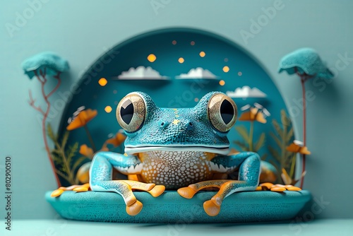 A blue frog sits on a blue lily pad in a blue pond surrounded by blue trees under a blue sky.