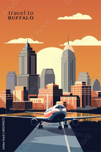 Travel to Buffalo city, USA, NY. Retro city poster with abstract shapes of skyline and plane landing. Vintage American holiday vector illustration in 70s, 80s style