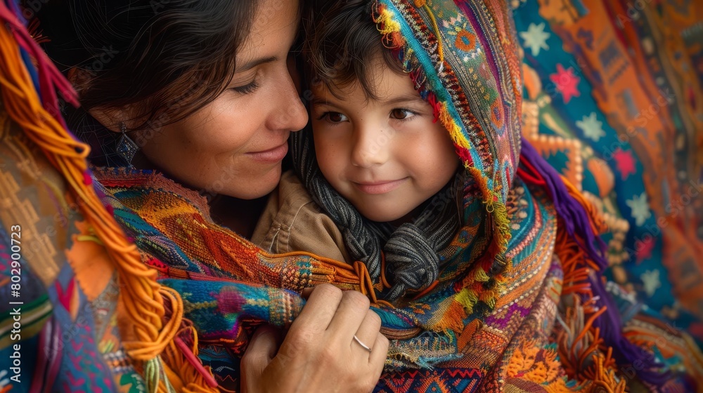 A mother and her child are wrapped in a colorful blanket. The mother is smiling and looking at her child. The child is looking at the camera. The background is out of focus.