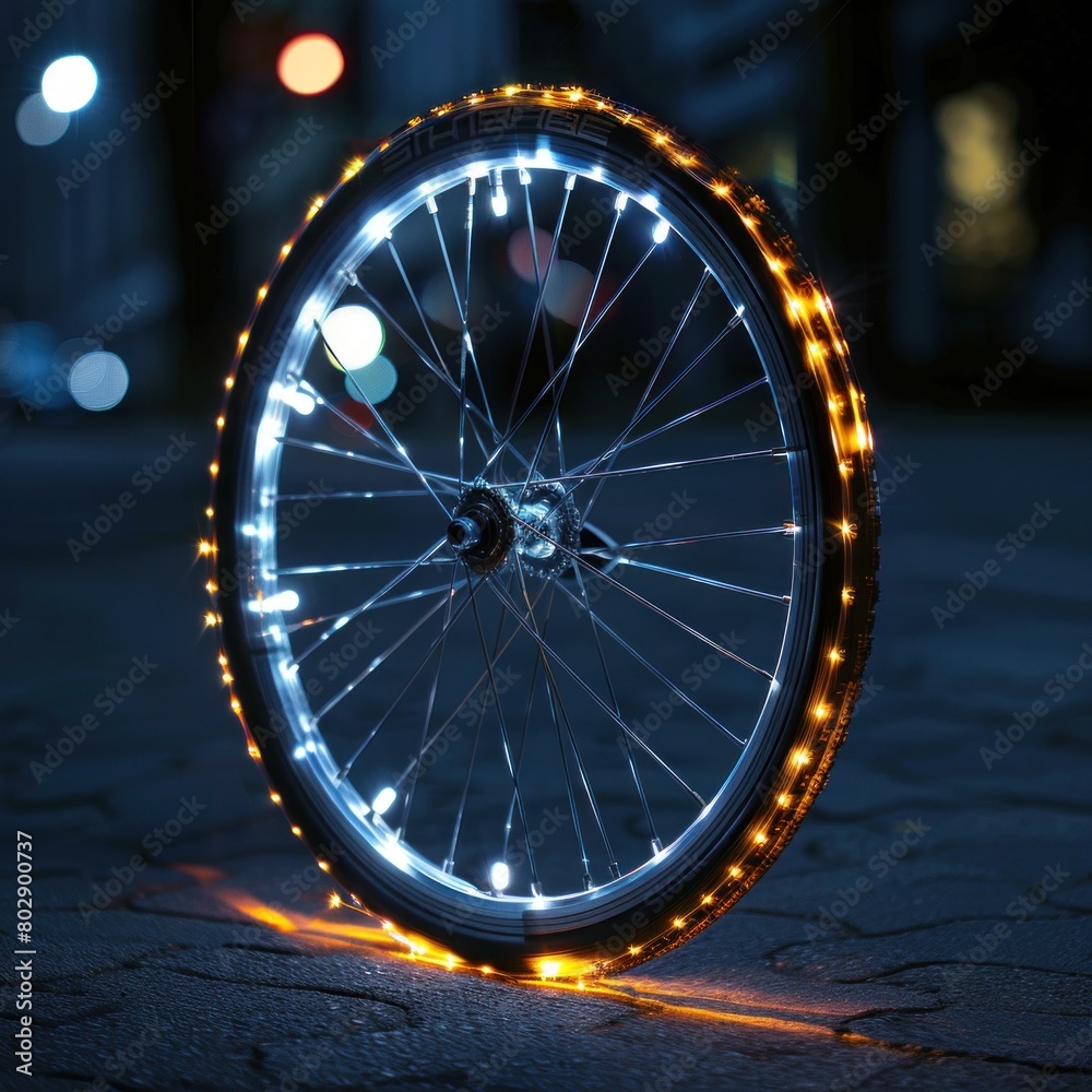 A refined cycling wheel with luminous trail.