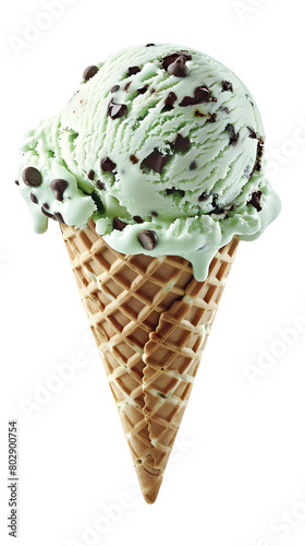 Mint Chocolate Chip Ice Cream on Waffle Cone Transparent Background 