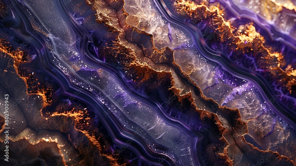 Obraz premium Closeup of an intricate and colorful geode, showcasing the mesmerizing patterns inside with purple hues and golden accents.