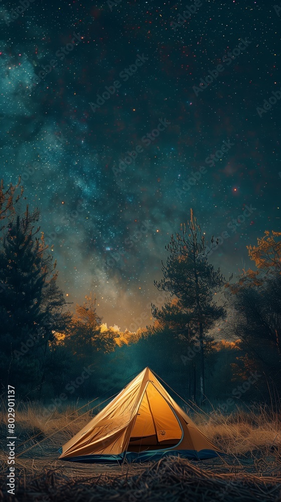 starry night sky over a glowing tent in a peaceful forest setting