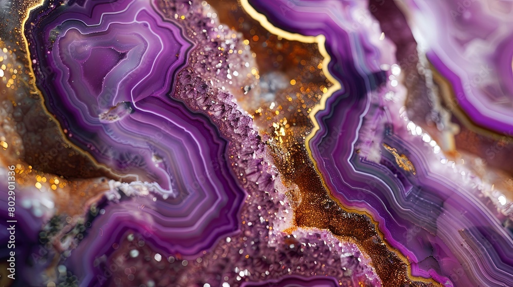 Closeup of an intricate and colorful geode, showcasing the mesmerizing patterns inside with purple hues and golden accents.