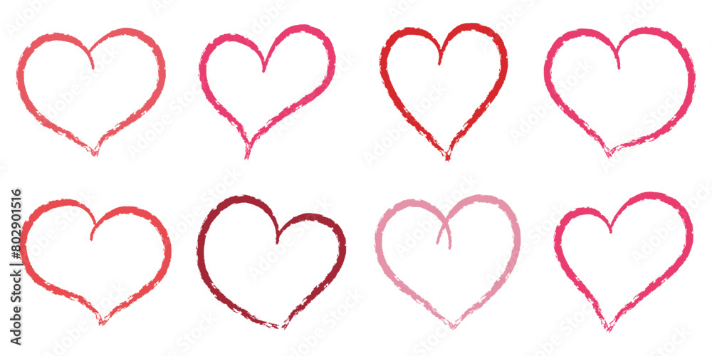 Red and pink crayon hearts painted with lipstick or pencil. Hand drawn chalk symbol of love. Vector Illustration for Valentine Day