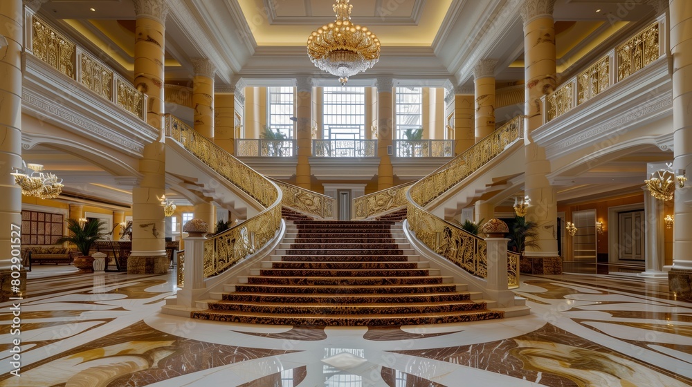 Obraz premium Palace grand entrance foyer with a sweeping staircase and marble floors.