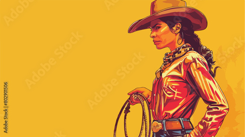 Beautiful cowgirl with lasso on yellow background Vector photo