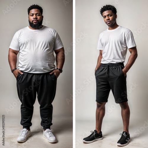 Before the transformation, a man in a white shirt and black shorts stands with his shoulders slumped. After, his muscles are defined, showing off his strong arms and legs