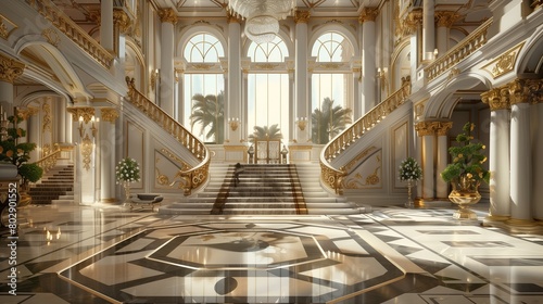 Palace grand entrance foyer with a sweeping staircase and marble floors. © farhan