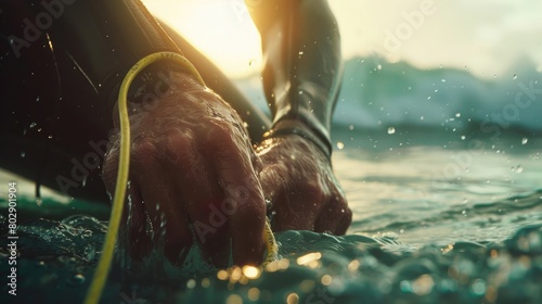 An enchanting image of a surfer's hands adjusting their leash, showcasing the attention to detail and preparation required in the sport on International Surfing Day.