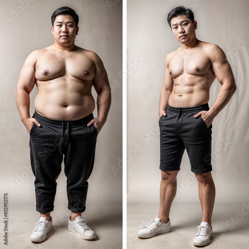 An Asian man in black active shorts stands next to his former self who wore loose clothing and shoes. His chin is more defined and shoulders are more prominent after losing weight