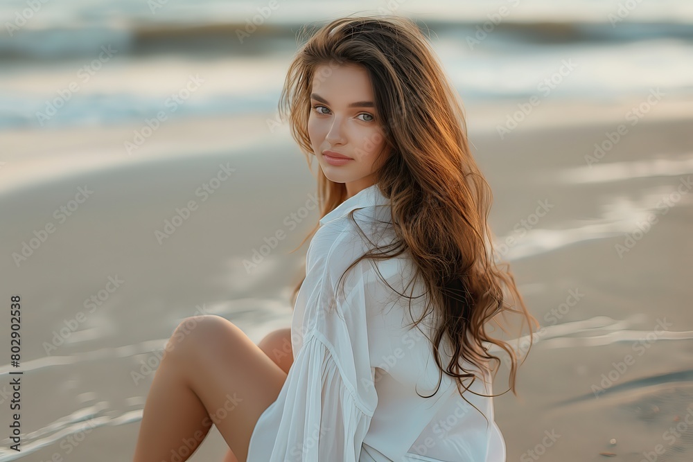 A beautiful woman is relaxing on the beach, sitting on the sand and looking at the sea. A beautiful woman is relaxing on the beach, sitting on the sand and looking at the sea.