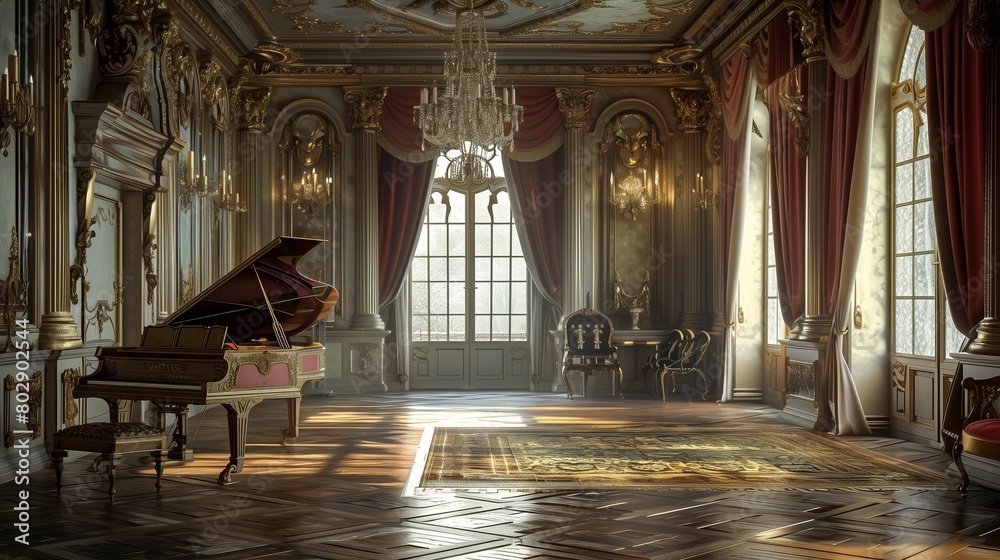 Palace music room with a grand piano and opulent draperies.