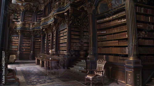 Palace library with floor-to-ceiling shelves filled with leather-bound books. photo