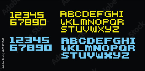 A modern Pixel font Game with Electric blue and yellow letters and numbers concept. Letters in minimalistic retro 8 bit style. Design element for mobile programs and applications.