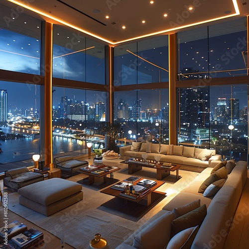 A lavish, modern living room with sleek furniture and a panoramic view of the city skyline at night. (Luxury Living)