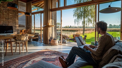 Man works on laptop in clean interior of Dutch country house. photo