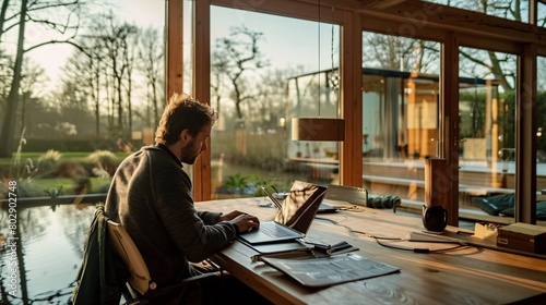 Wallpaper Mural Man works on laptop in clean interior of Dutch country house. Torontodigital.ca