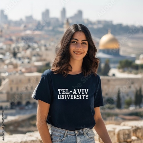 Young Student Girl Woman wearing Shirt with Text Tel-Aviv Univerity. AI Generative photo