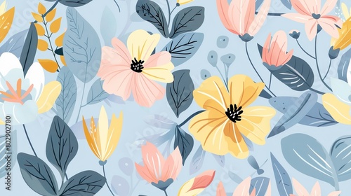 Colorful Spring Floral Pattern On Light Blue Background  Summer Leaves 