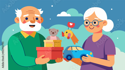 An elderly couple dropping off a vintage toy car collection at the secondhand toy drive eager to pass down their treasured items to children in need.. Vector illustration